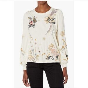 Johnny Was Soho Puff Cream Embroidered Long-Sleeve Top with Birds & Florals
